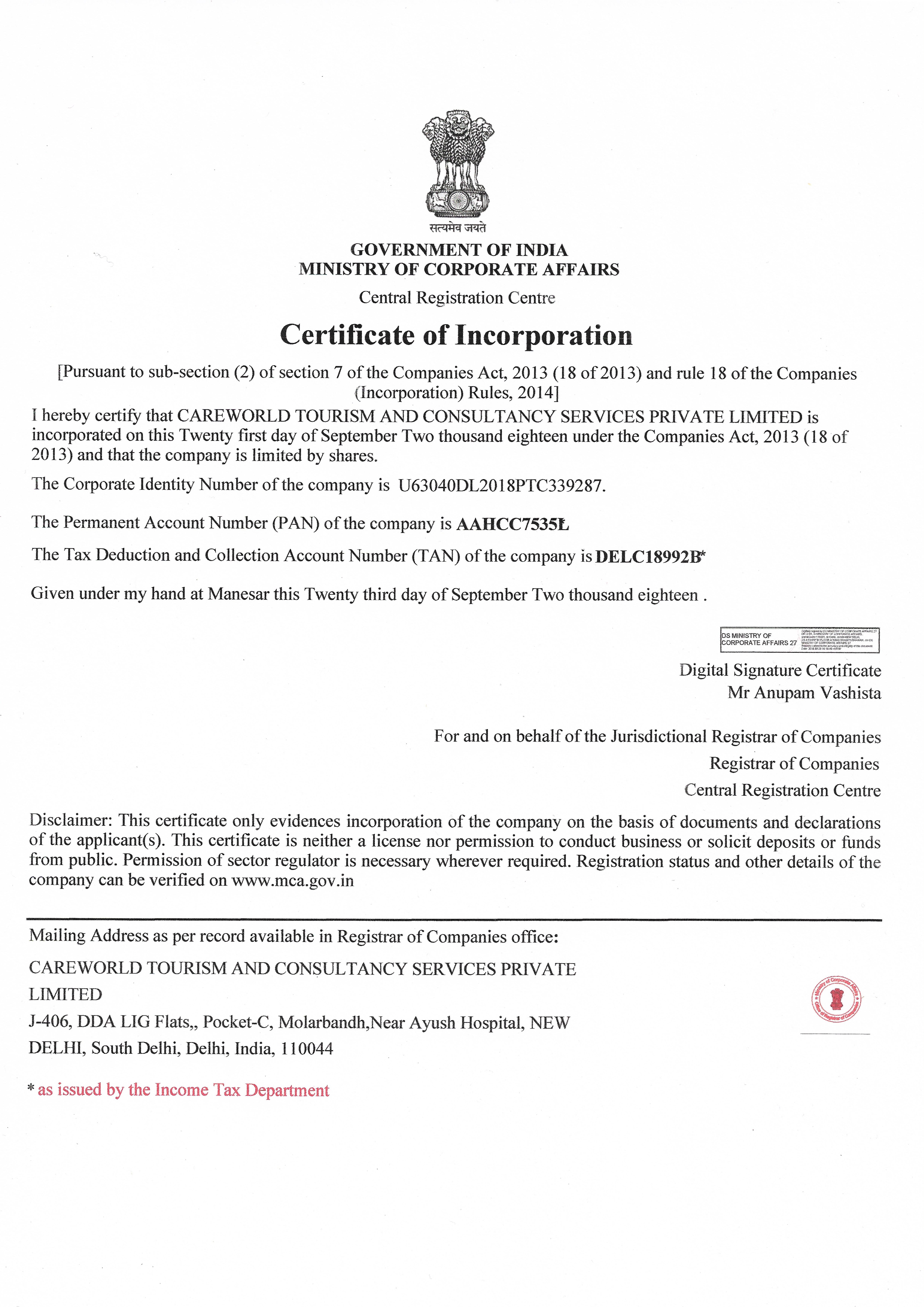 Certificate of Incorporation (CIN) of CareWorld Tourism And Consultancy Services Pvt. Ltd